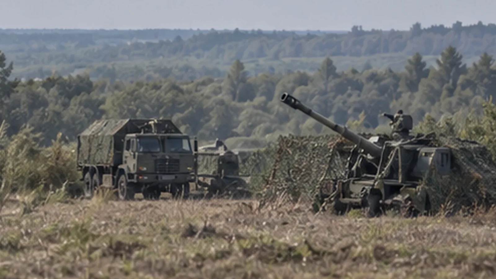 Артиллерийское орудие и военный грузовик на открытой местности