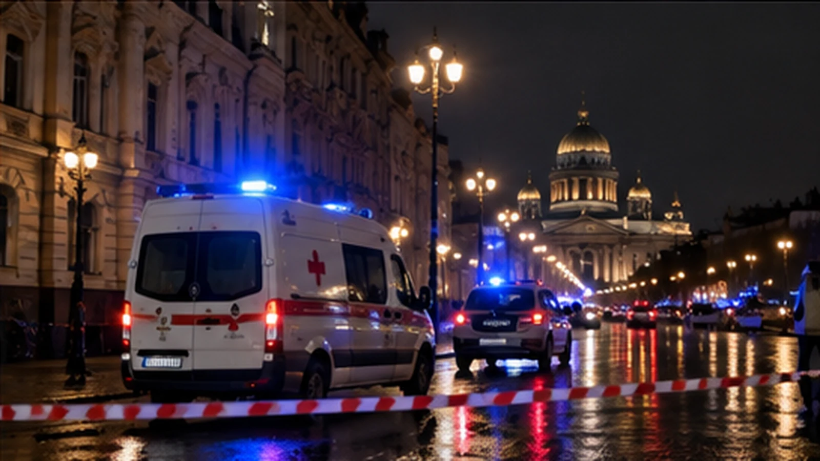 Ночная улица Петербурга с машиной скорой помощи и полицейским оцеплением
