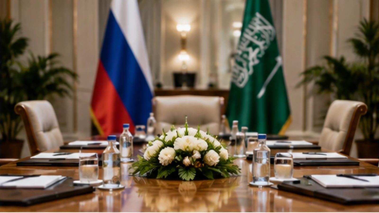 Пустой стол для переговоров с флагами России и Саудовской Аравии