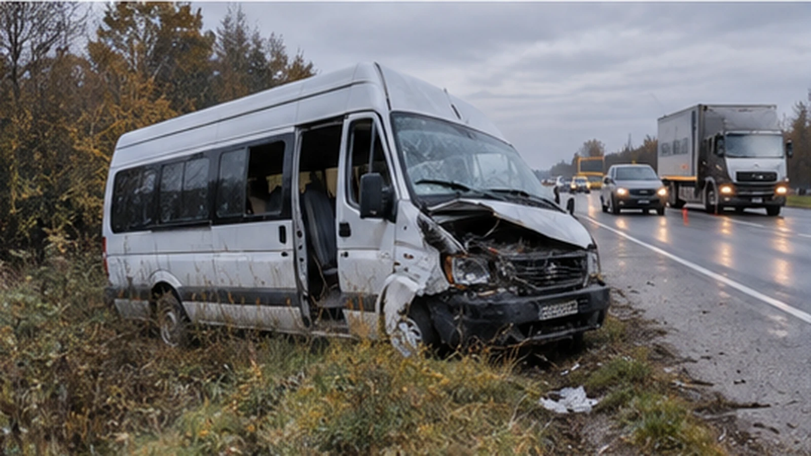 Поврежденная маршрутка у обочины после дорожной аварии