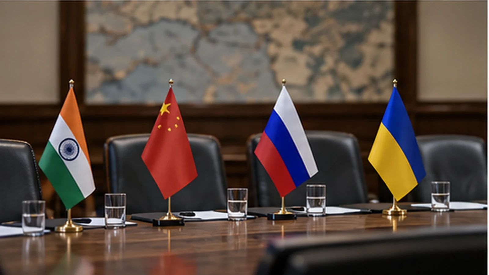 Стол переговоров с флагами Индии, Китая, России и Украины