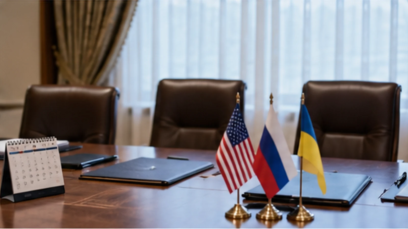 Стол переговоров с флагами России, США и Украины и настольным календарем