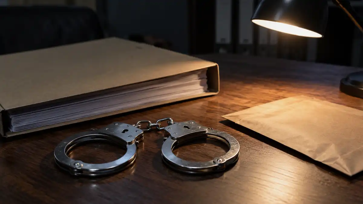 Наручники и папка с документами лежат на столе следователя