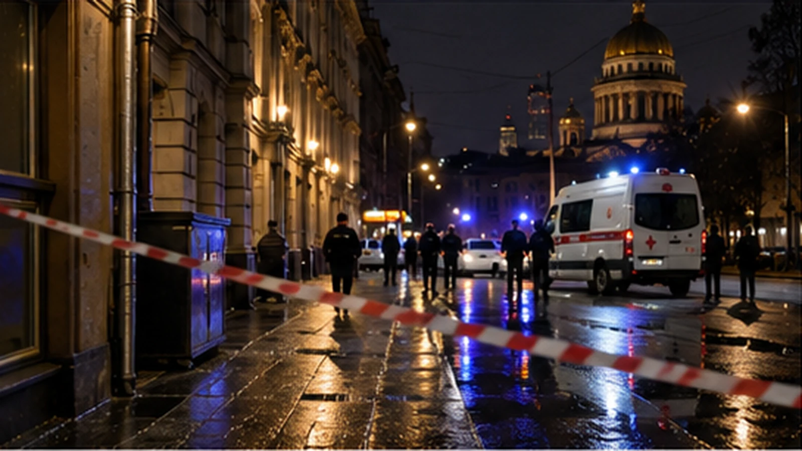 Ночная улица Петербурга с машиной скорой помощи и оцеплением