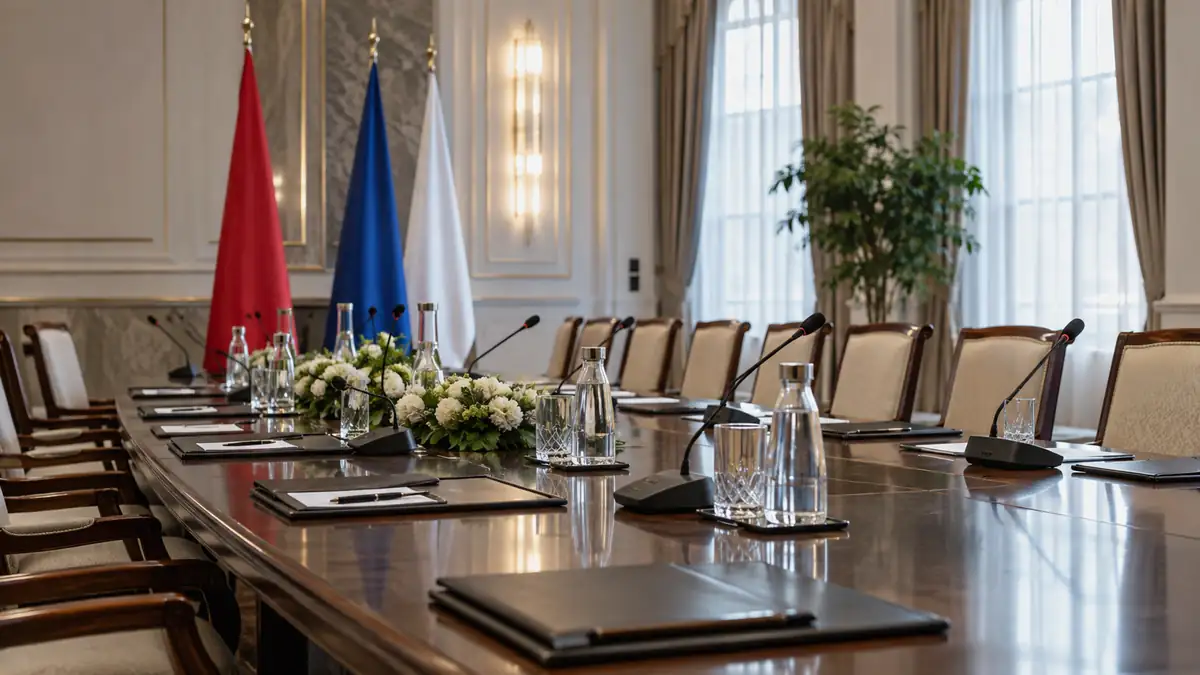 Пустой стол переговоров с микрофонами, папками и графинами воды