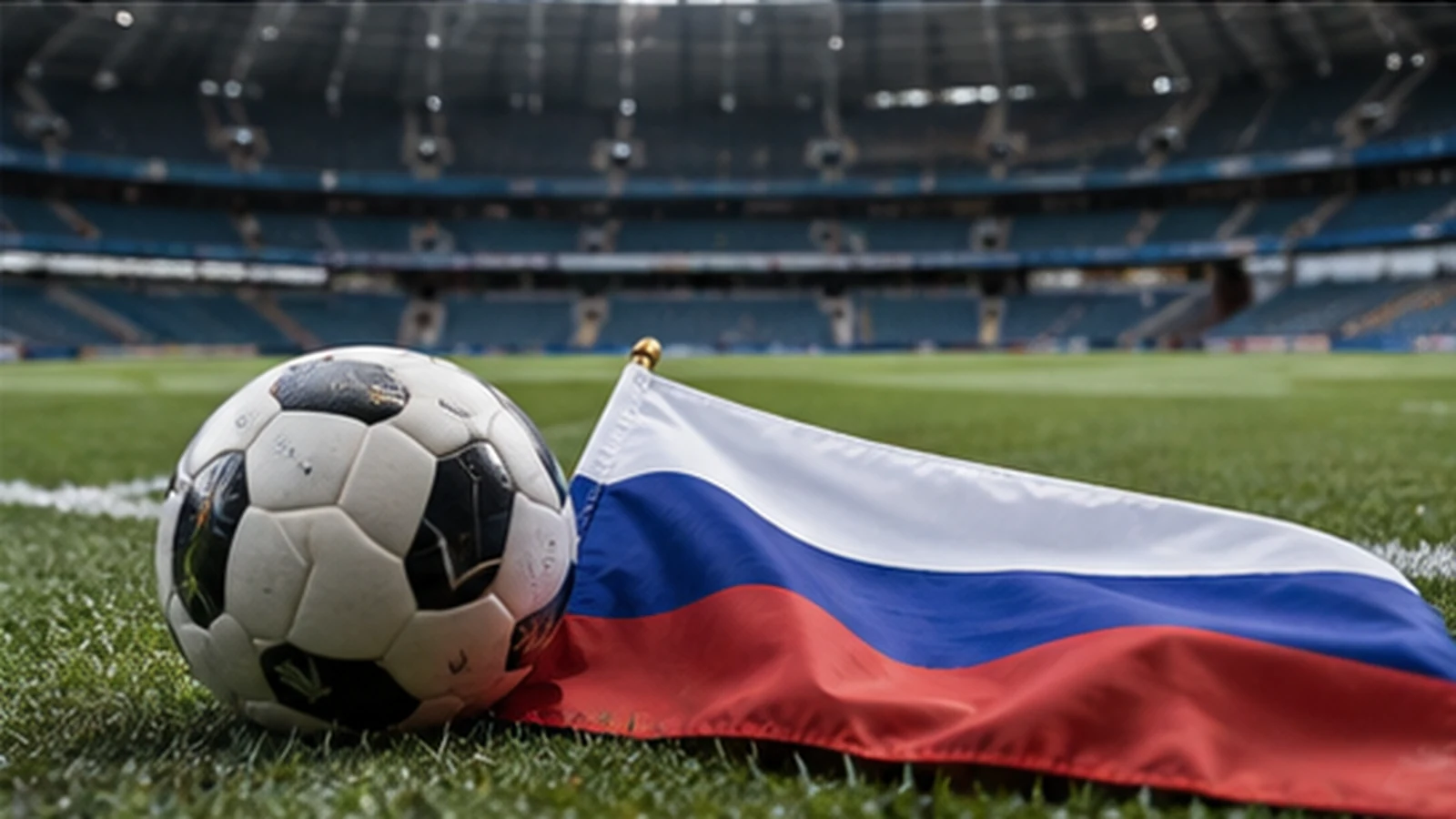 Футбольный мяч и российский флаг на поле большого стадиона