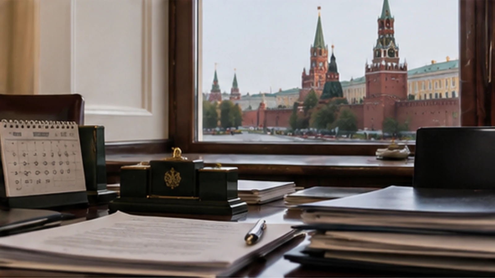 Рабочий кабинет с календарем и видом на Кремль из окна