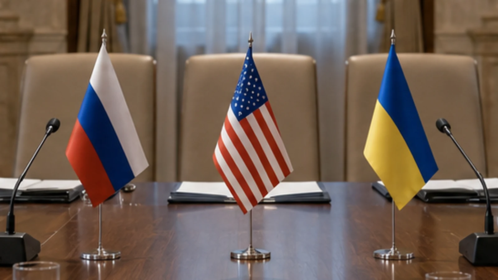 Переговорный стол с флагами России, США и Украины