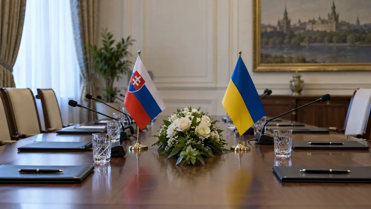 Флаги Словакии и Украины стоят на пустом переговорном столе