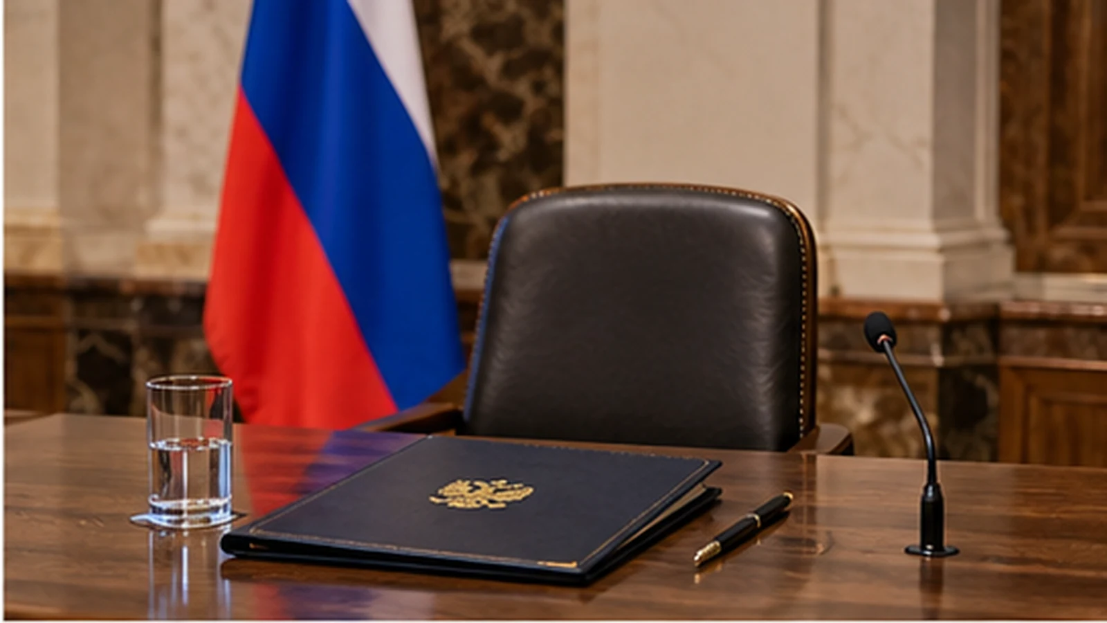 Пустой стол переговоров с российским флагом и закрытой папкой