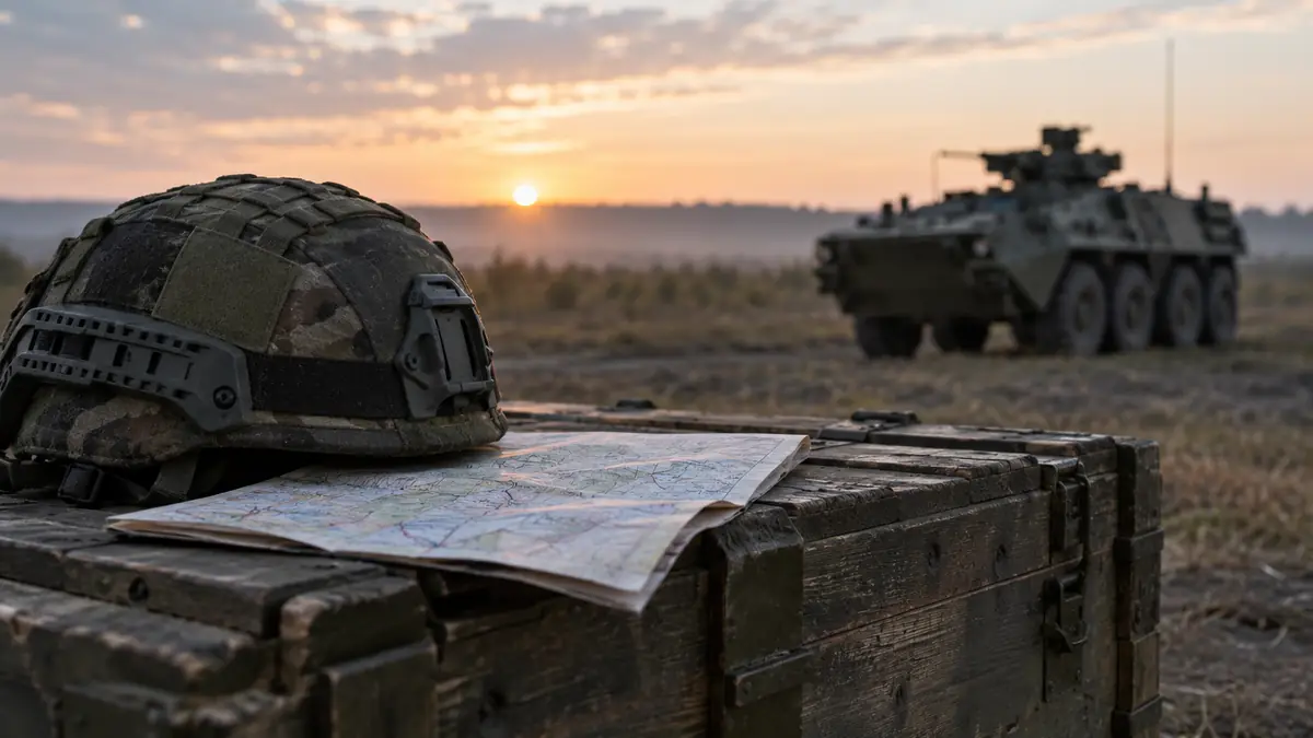 Военный шлем лежит на ящике рядом с картой на нейтральном полигоне