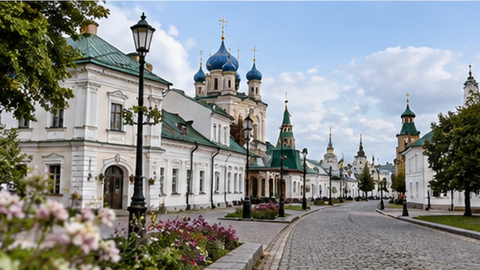 Историческая улица российского города Золотого кольца с храмами