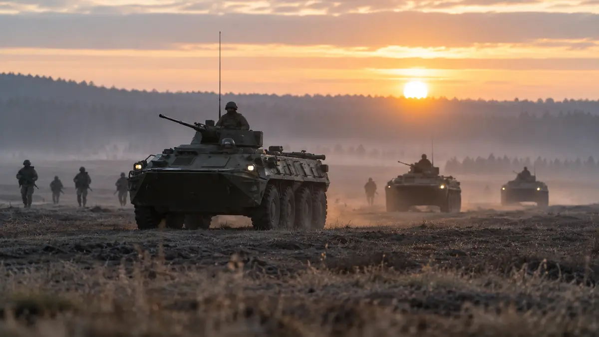 Бронемашины и военнослужащие движутся по полигону на рассвете