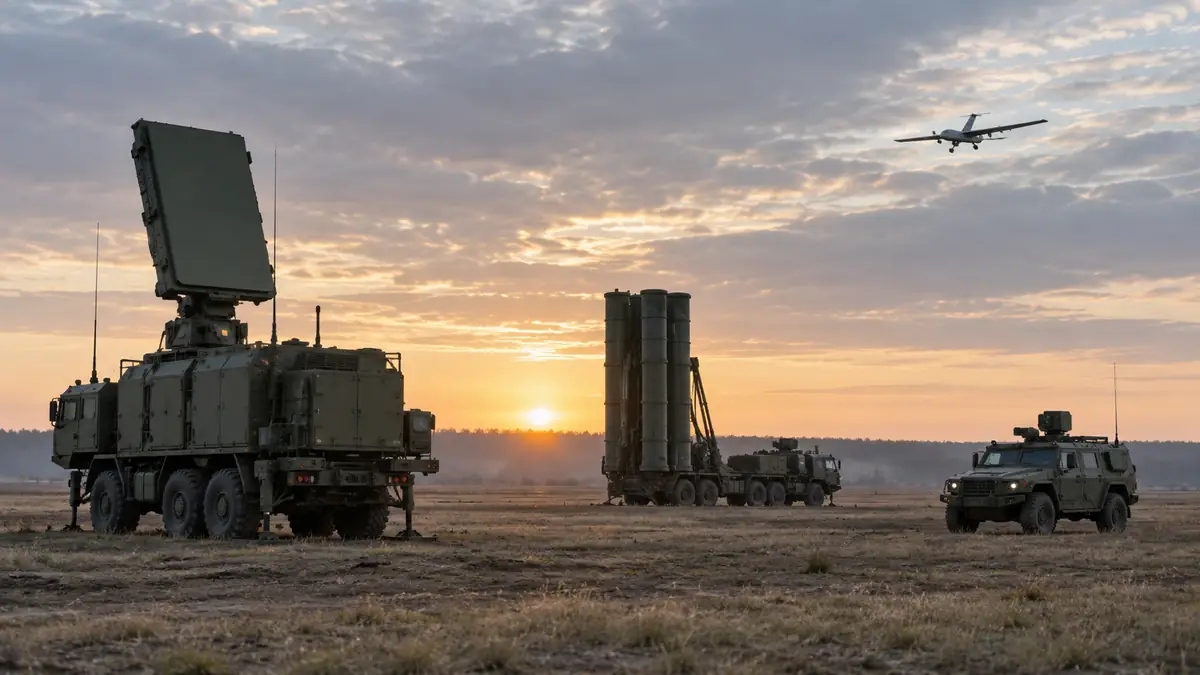Радар, пусковая установка и беспилотник на нейтральном полигоне