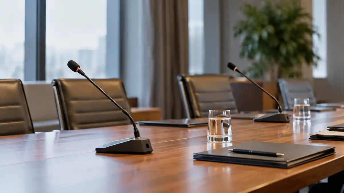 Пустой стол переговоров с микрофонами и рабочими папками