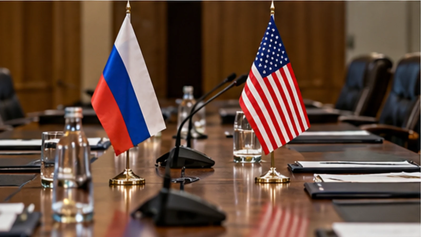 Пустой стол российско-американских переговоров с флагами двух стран