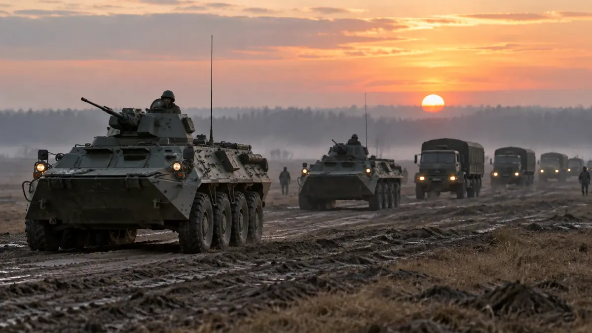 Военная колонна движется по нейтральному полигону на рассвете