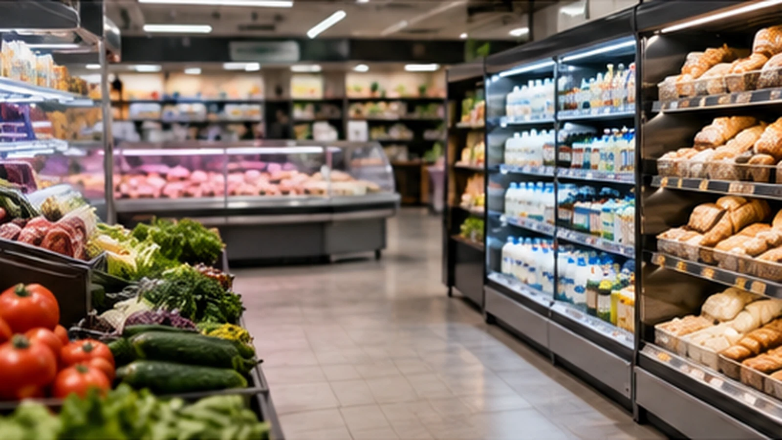 Продуктовые полки и овощной отдел современного супермаркета